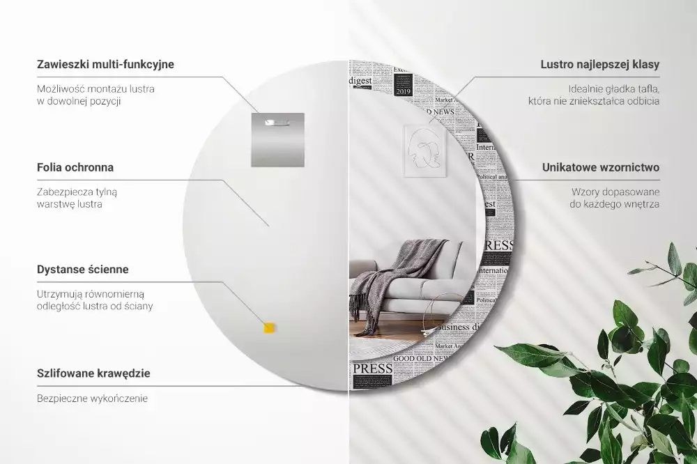 Ronde spiegel met bedrukte lijst Kranten