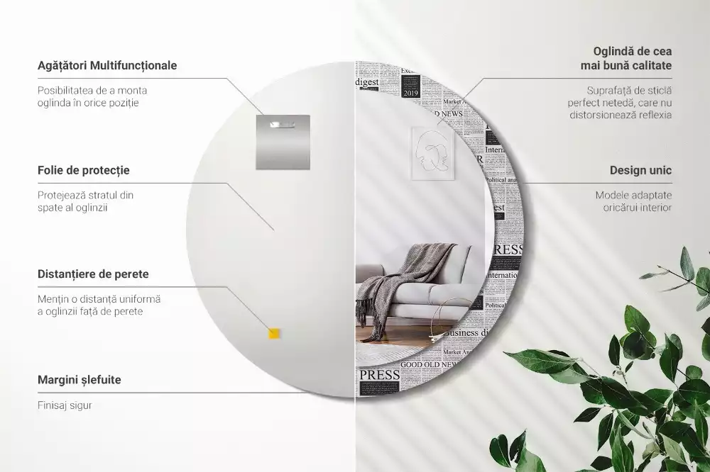 Ronde spiegel met bedrukte lijst Kranten