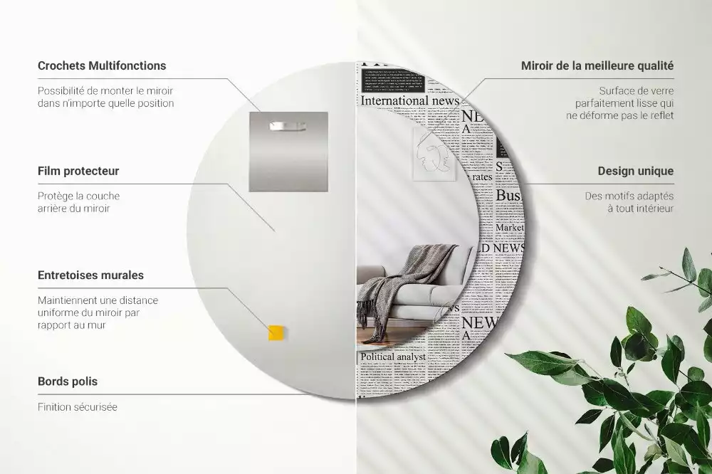 Ronde spiegel met bedrukte lijst Kranten