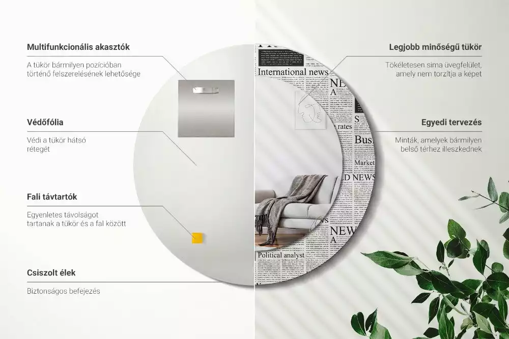 Ronde spiegel met bedrukte lijst Kranten