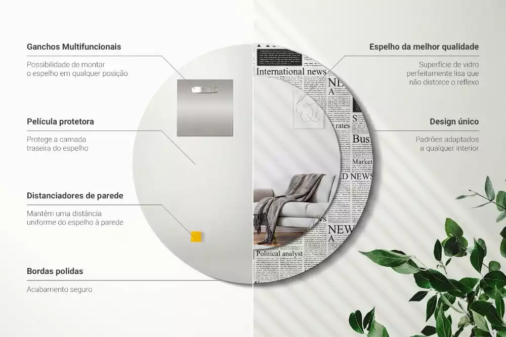 Ronde spiegel met bedrukte lijst Kranten