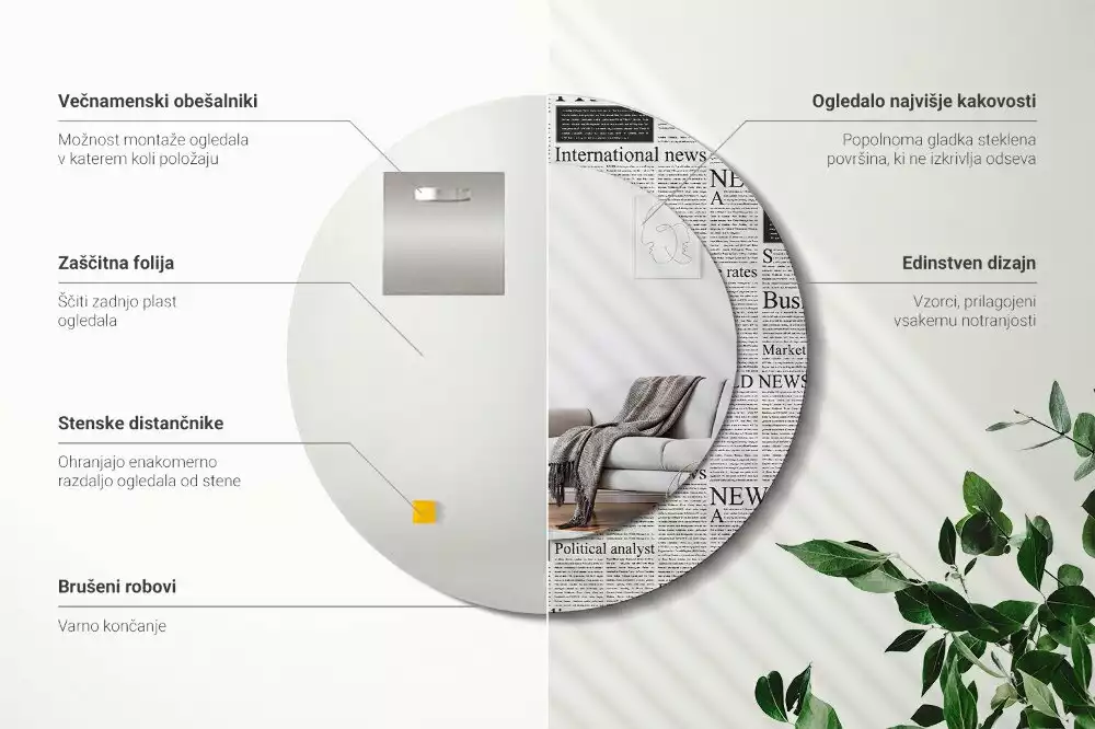 Ronde spiegel met bedrukte lijst Kranten