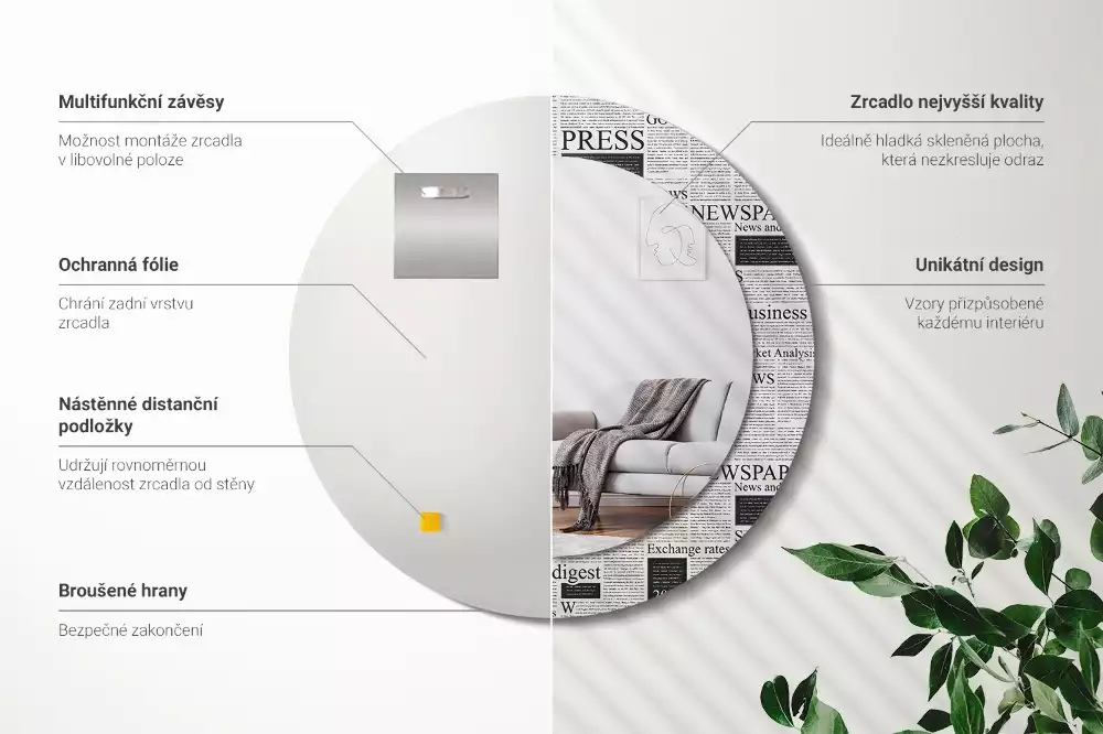 Ronde spiegel met bedrukte lijst Kranten