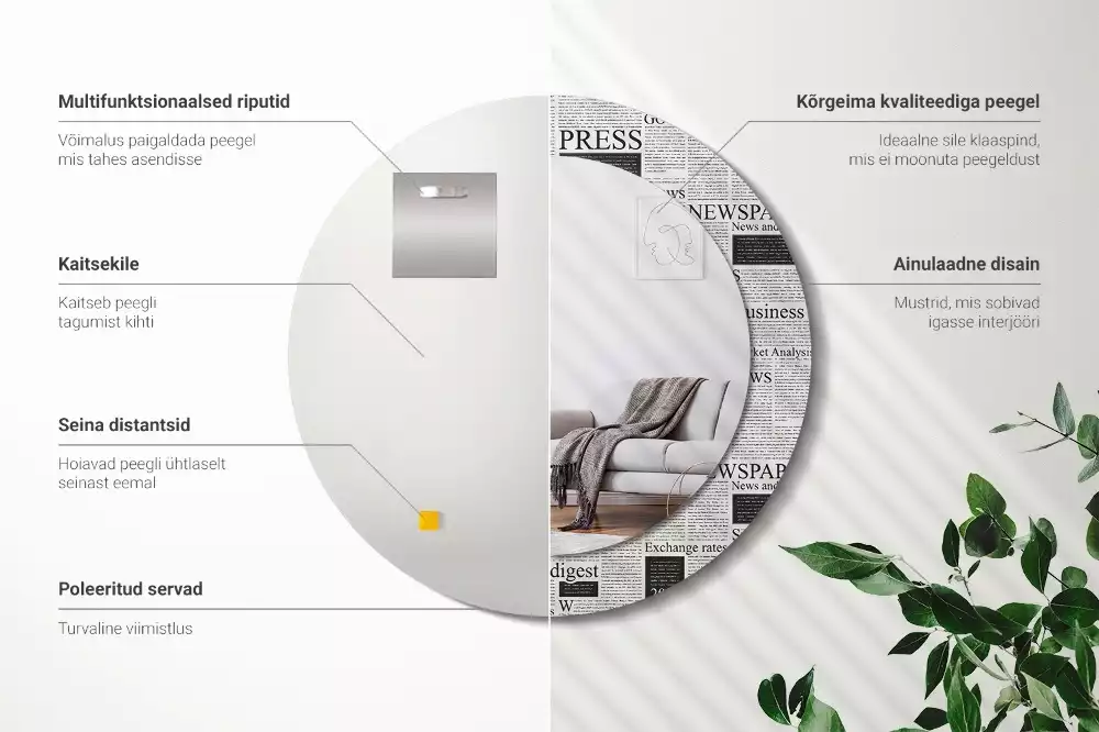 Ronde spiegel met bedrukte lijst Kranten