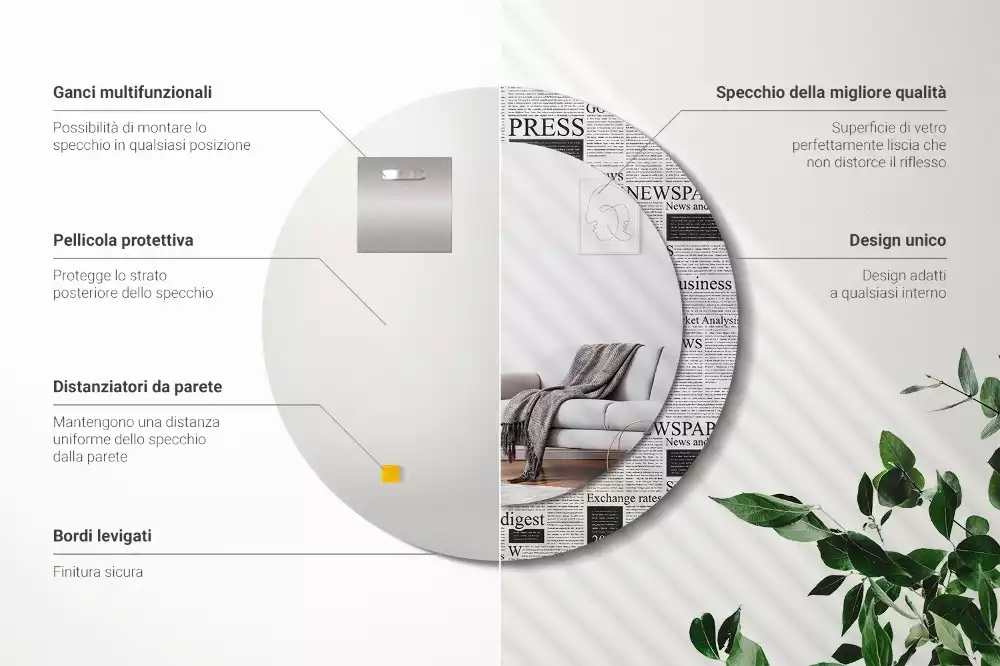 Ronde spiegel met bedrukte lijst Kranten