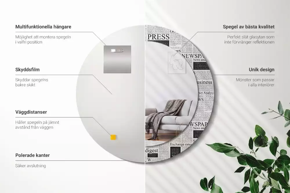 Ronde spiegel met bedrukte lijst Kranten