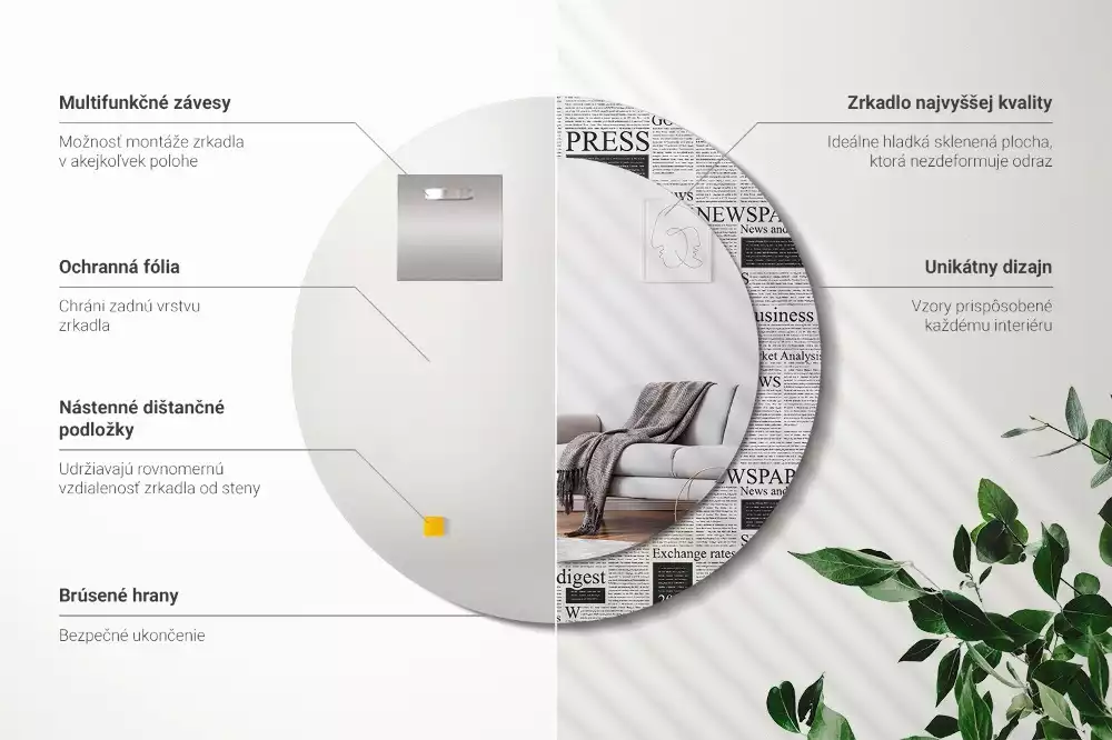 Ronde spiegel met bedrukte lijst Kranten