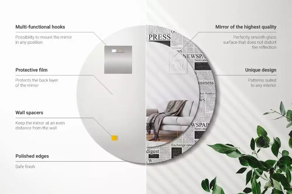 Ronde spiegel met bedrukte lijst Kranten