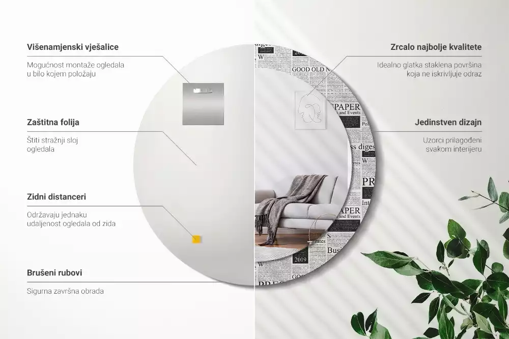 Ronde spiegel met bedrukte lijst Kranten