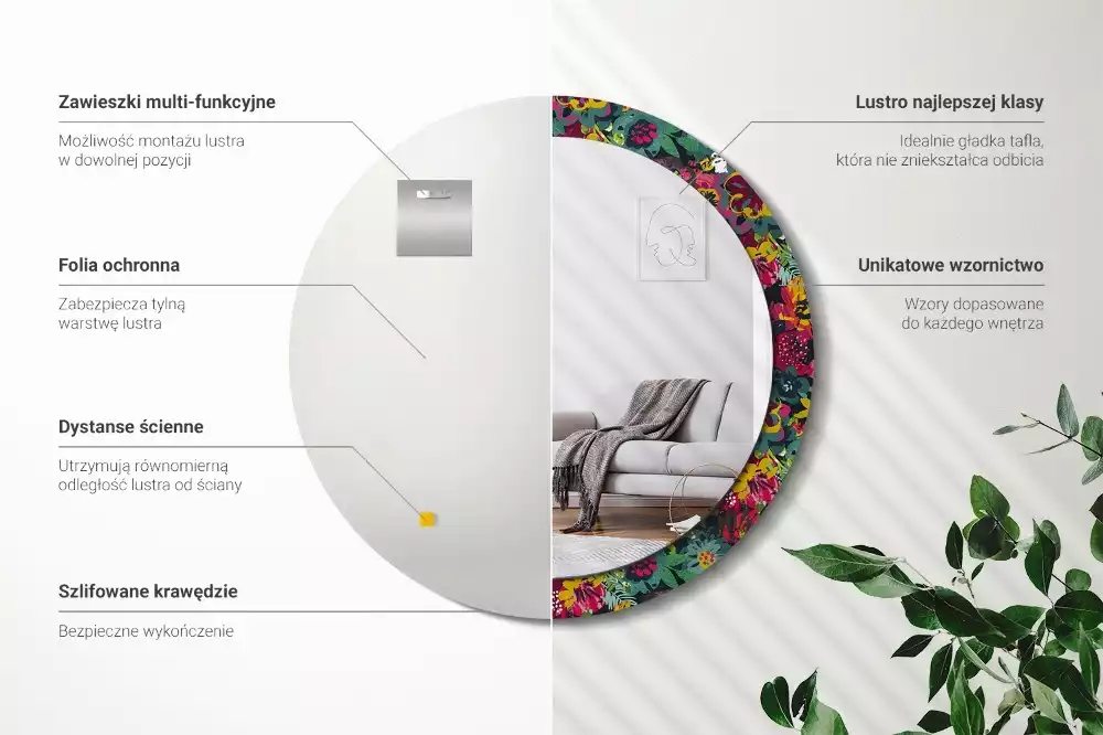 Ronde spiegel met bedrukte lijst Geschilderde bloemen