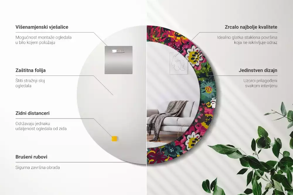 Ronde spiegel met bedrukte lijst Geschilderde bloemen