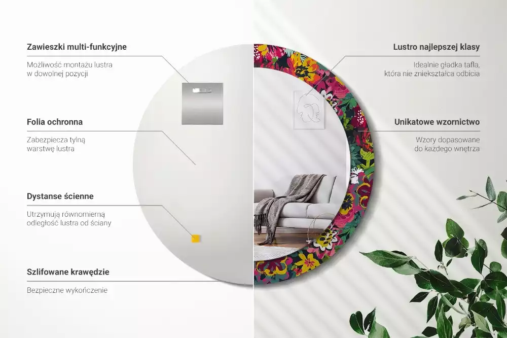 Ronde spiegel met bedrukte lijst Geschilderde bloemen