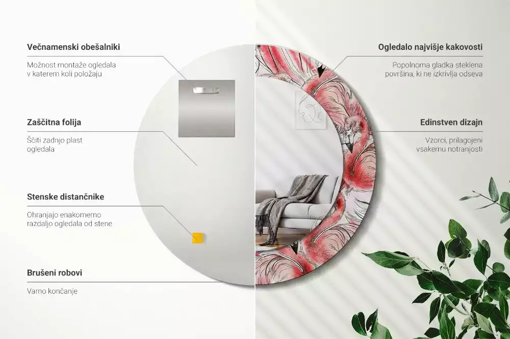 Bedrukte ronde spiegel Flamingo's