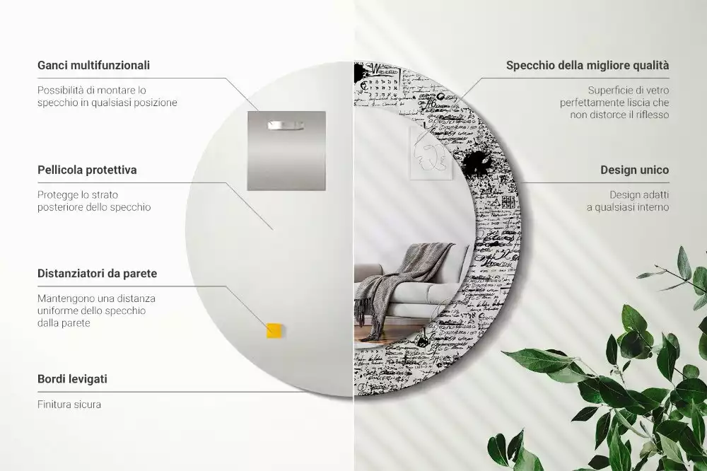 Ronde spiegel met bedrukte lijst Krabbels