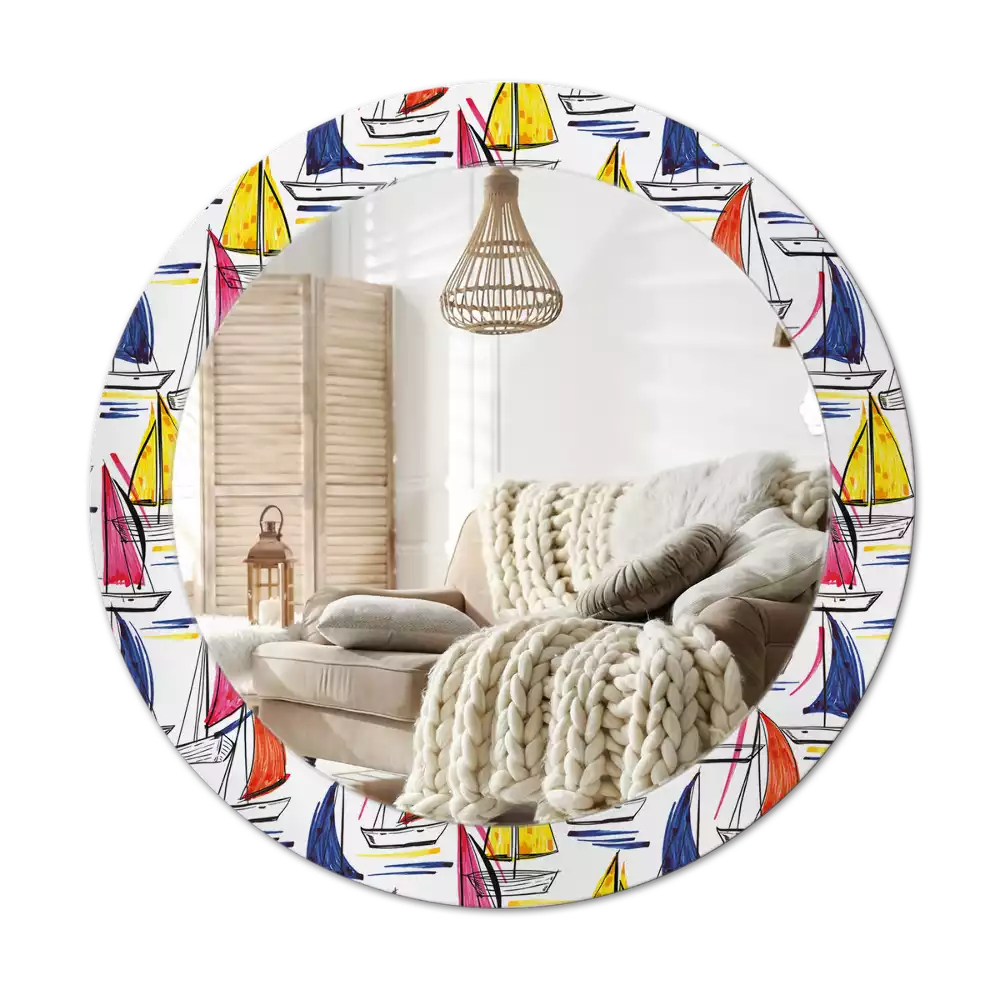 Ronde spiegel met bedrukte lijst Kleurrijke boten