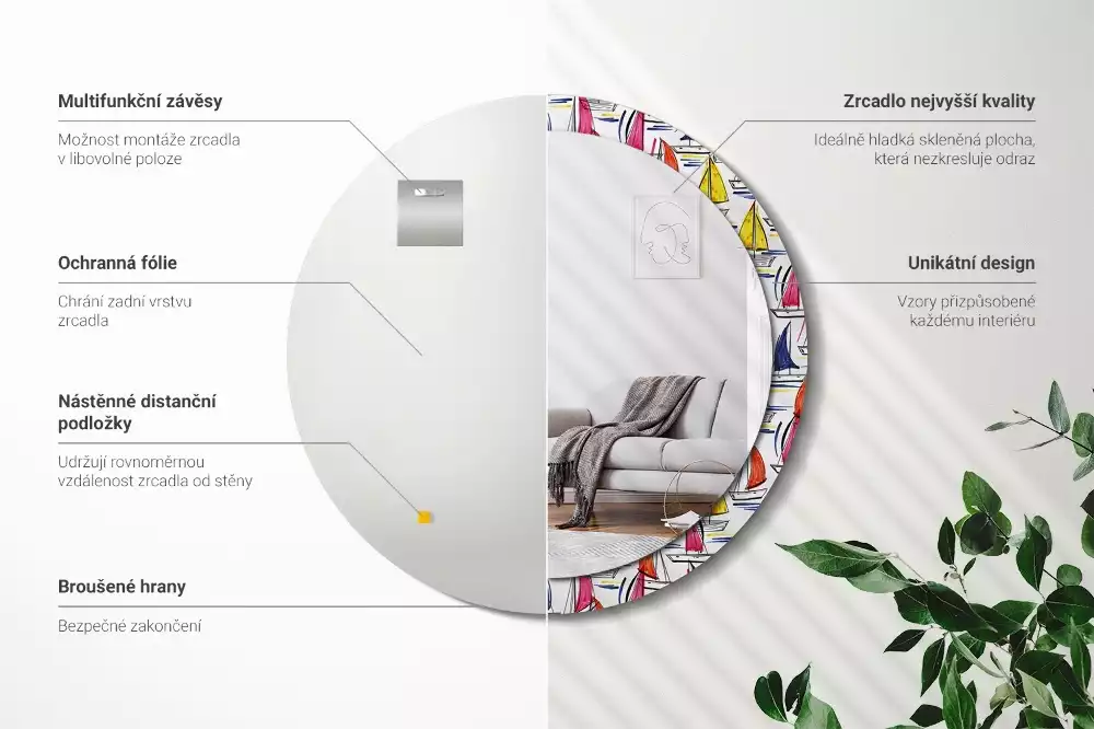 Ronde spiegel met bedrukte lijst Kleurrijke boten