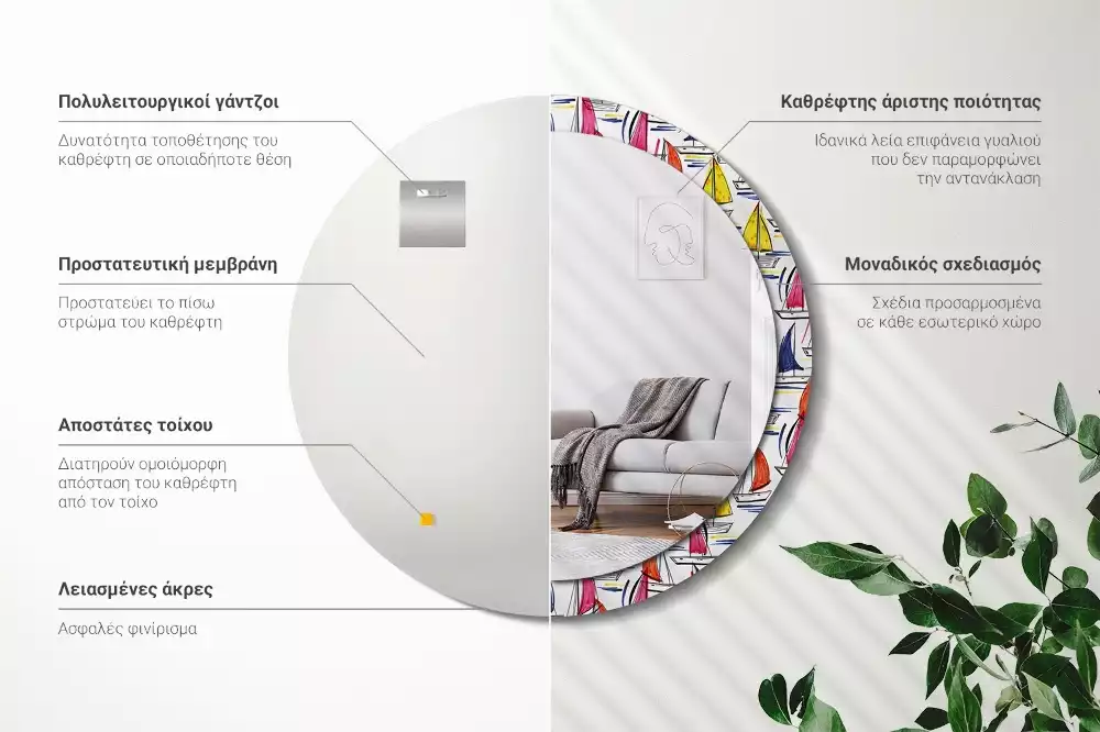 Ronde spiegel met bedrukte lijst Kleurrijke boten
