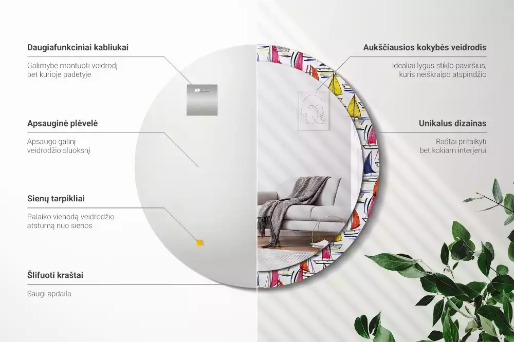 Ronde spiegel met bedrukte lijst Kleurrijke boten