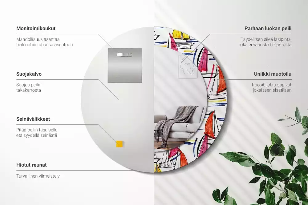 Ronde spiegel met bedrukte lijst Kleurrijke boten