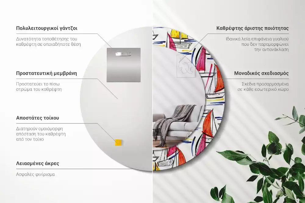 Ronde spiegel met bedrukte lijst Kleurrijke boten