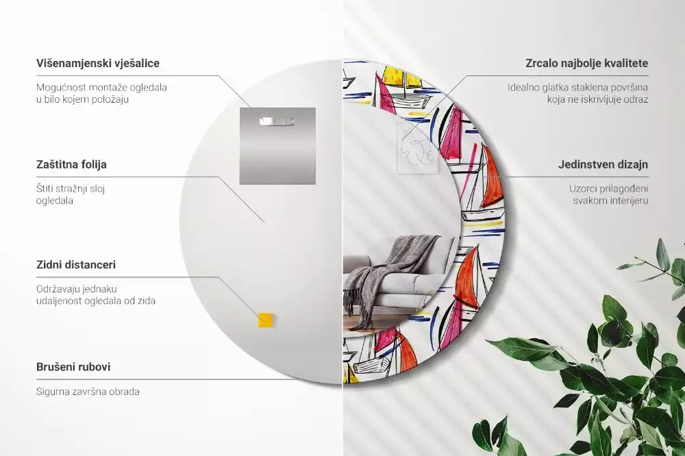 Ronde spiegel met bedrukte lijst Kleurrijke boten