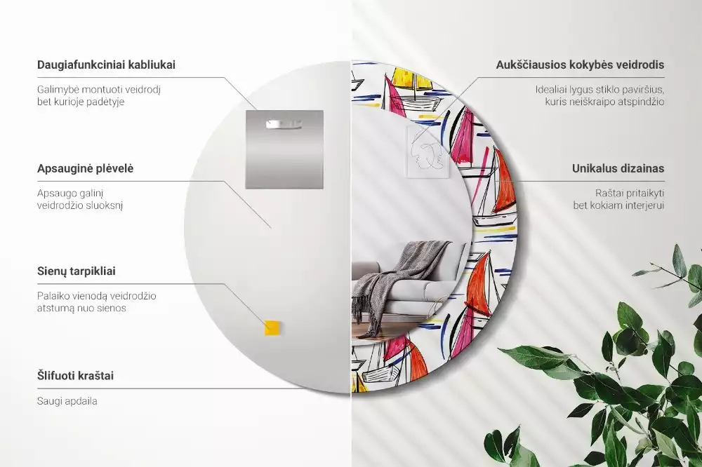 Ronde spiegel met bedrukte lijst Kleurrijke boten