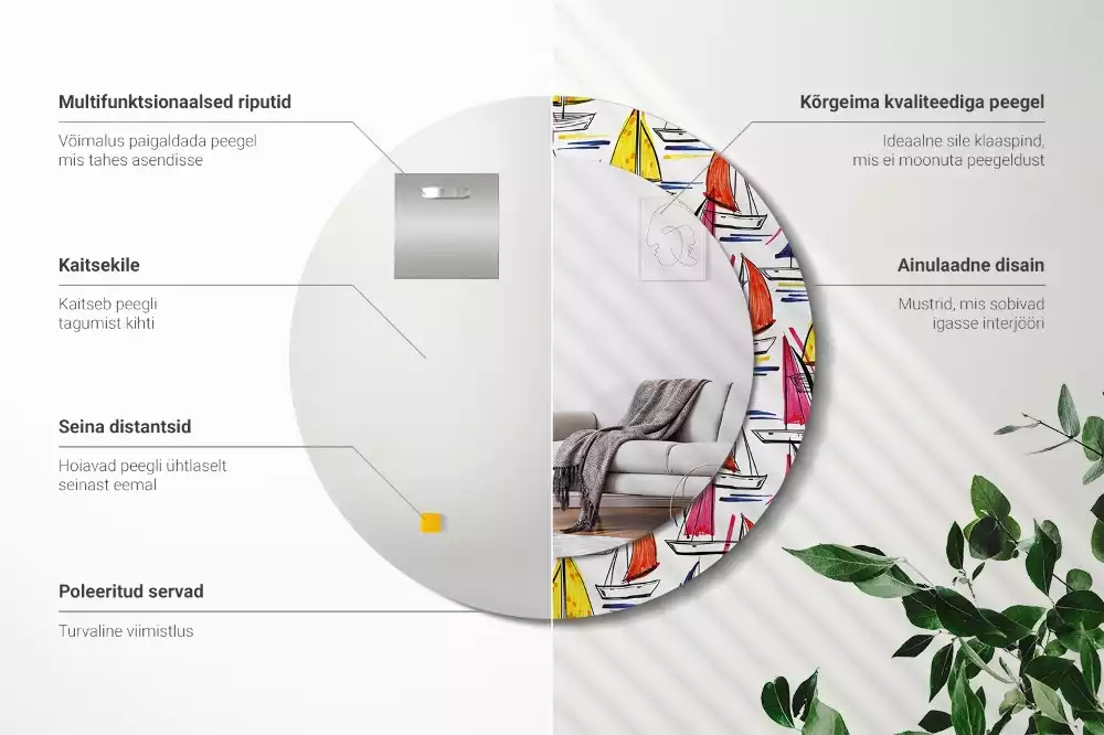 Ronde spiegel met bedrukte lijst Kleurrijke boten