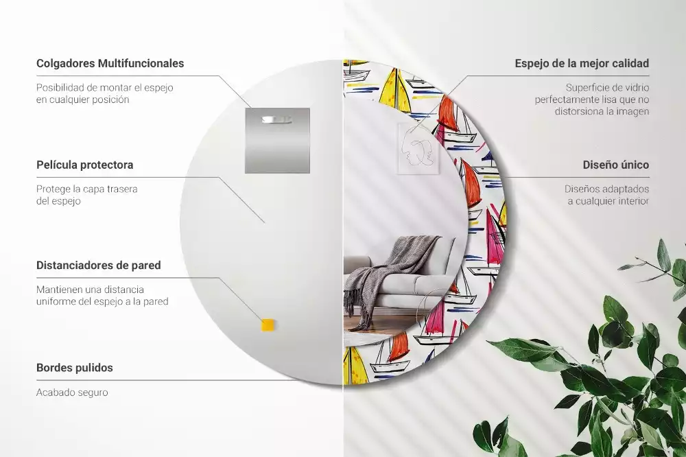 Ronde spiegel met bedrukte lijst Kleurrijke boten