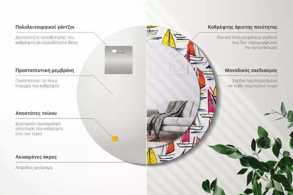 Ronde spiegel met bedrukte lijst Kleurrijke boten