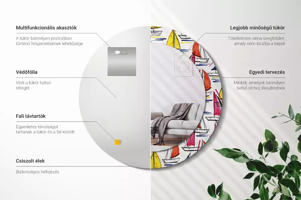 Ronde spiegel met bedrukte lijst Kleurrijke boten