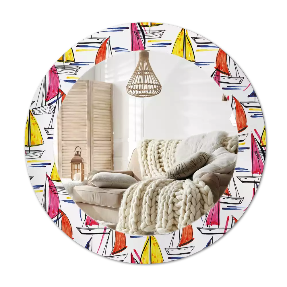 Ronde spiegel met bedrukte lijst Kleurrijke boten