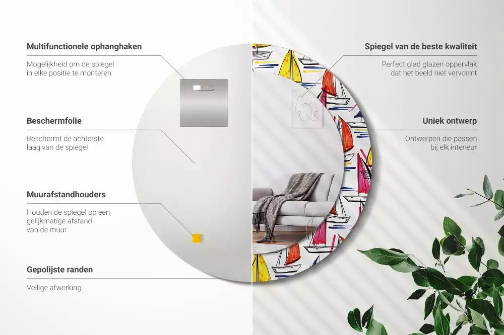 Ronde spiegel met bedrukte lijst Kleurrijke boten