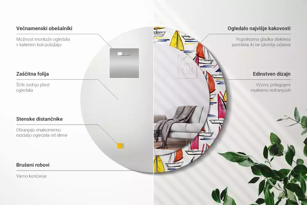 Ronde spiegel met bedrukte lijst Kleurrijke boten