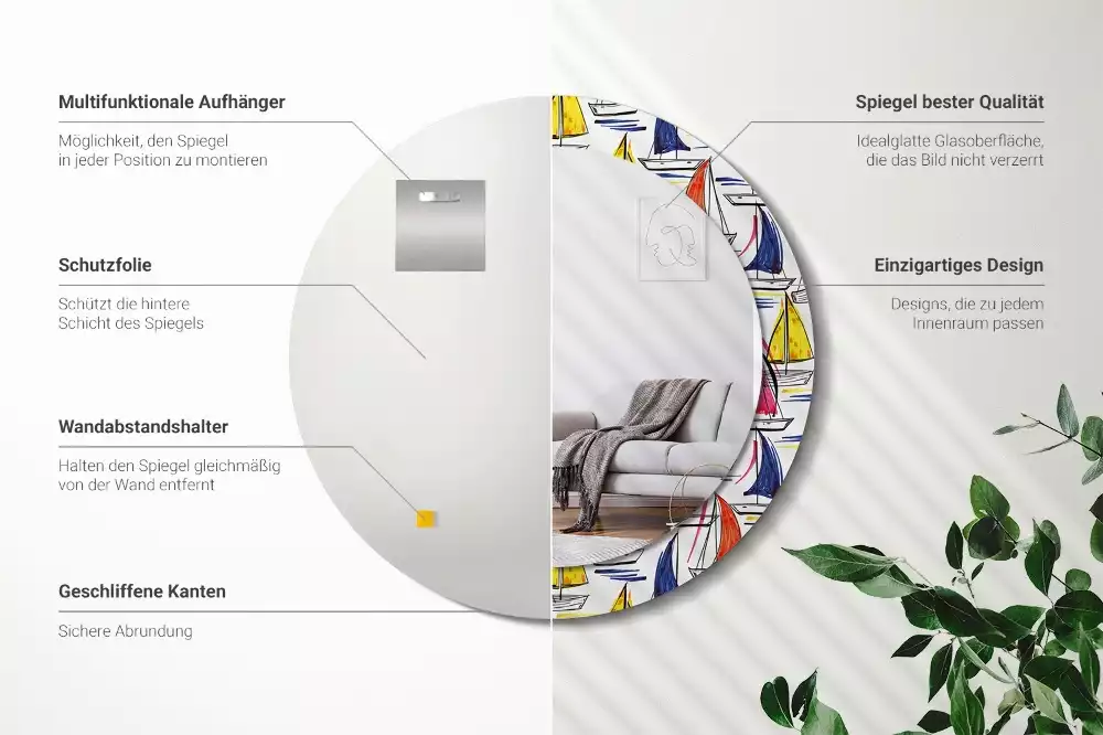 Ronde spiegel met bedrukte lijst Kleurrijke boten