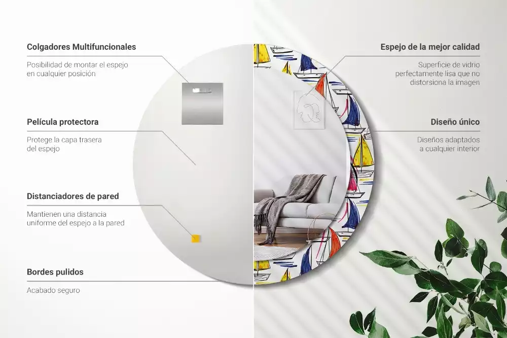 Ronde spiegel met bedrukte lijst Kleurrijke boten