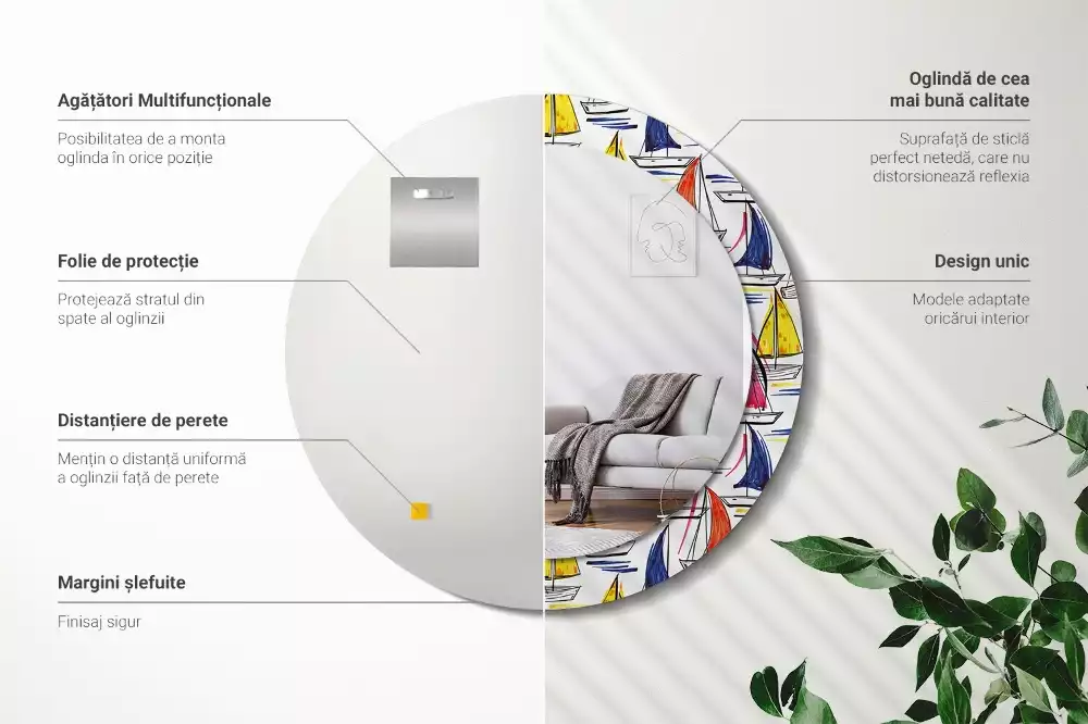 Ronde spiegel met bedrukte lijst Kleurrijke boten