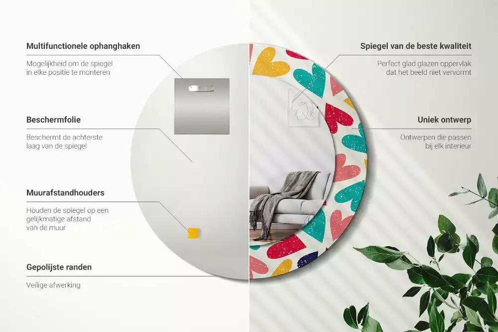 Ronde spiegel met decoratie Kleurrijke harten