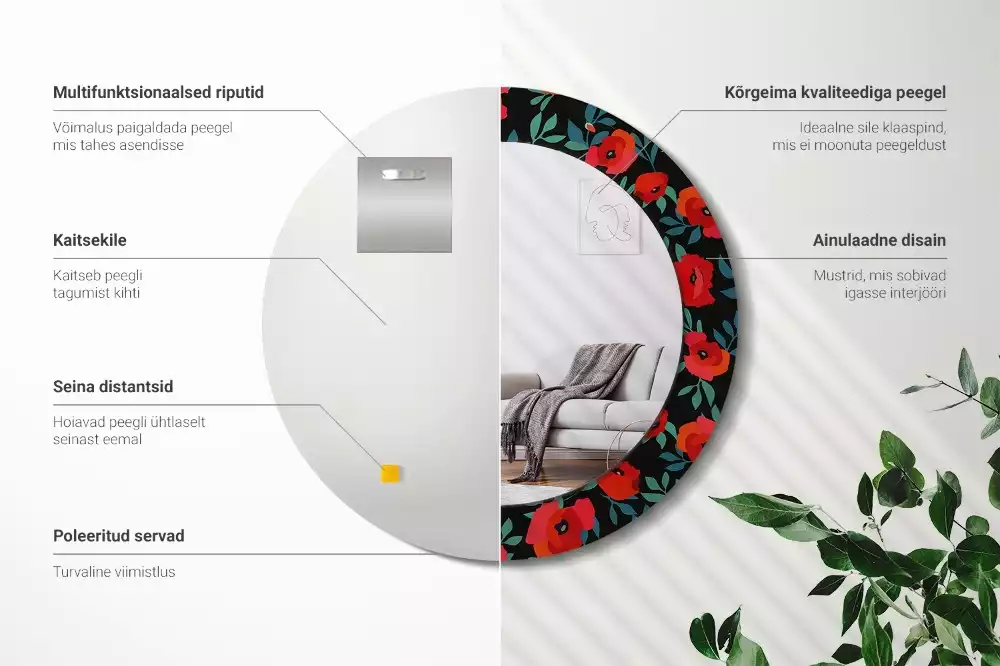 Ronde spiegel met bedrukte lijst Rode klaproos