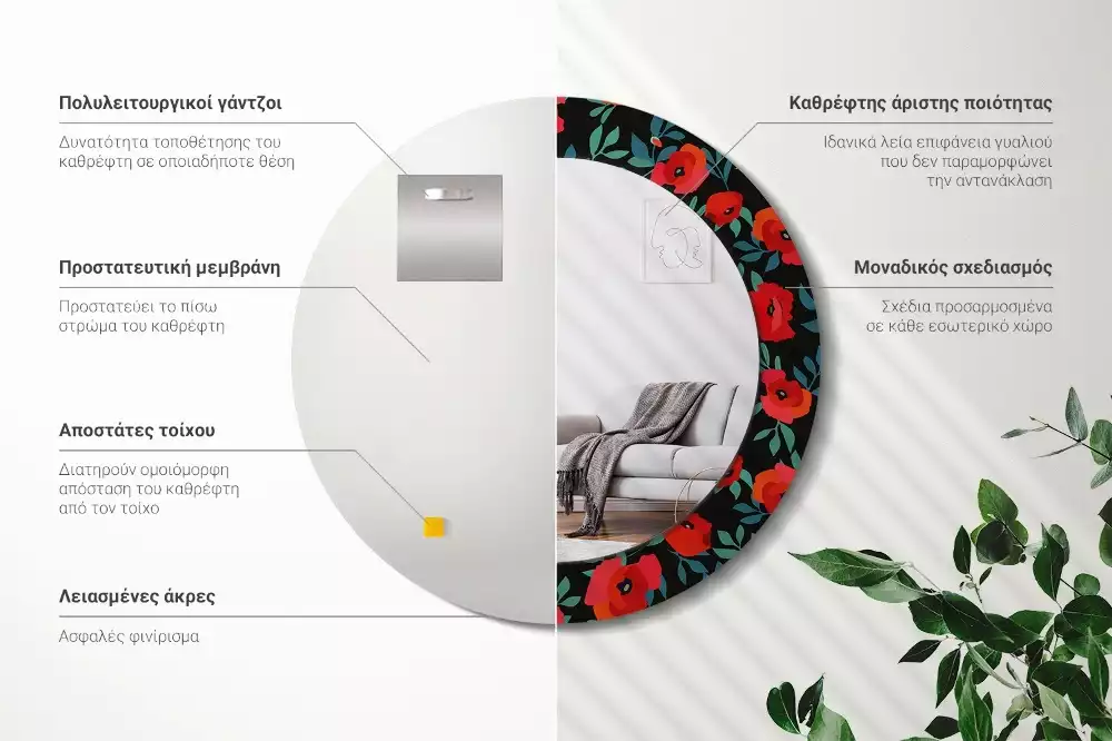 Ronde spiegel met bedrukte lijst Rode klaproos