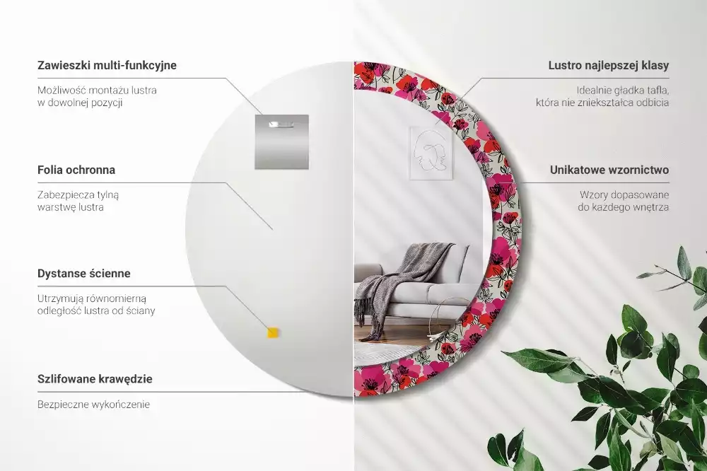 Ronde spiegel met bedrukte lijst Roze klaprozen