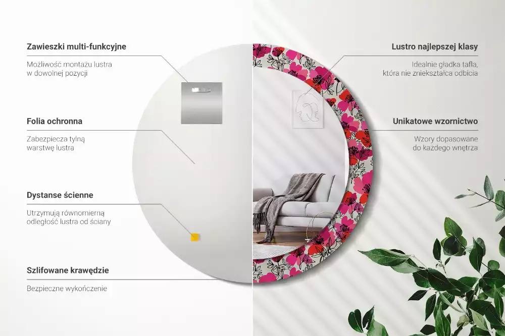 Ronde spiegel met bedrukte lijst Roze klaprozen