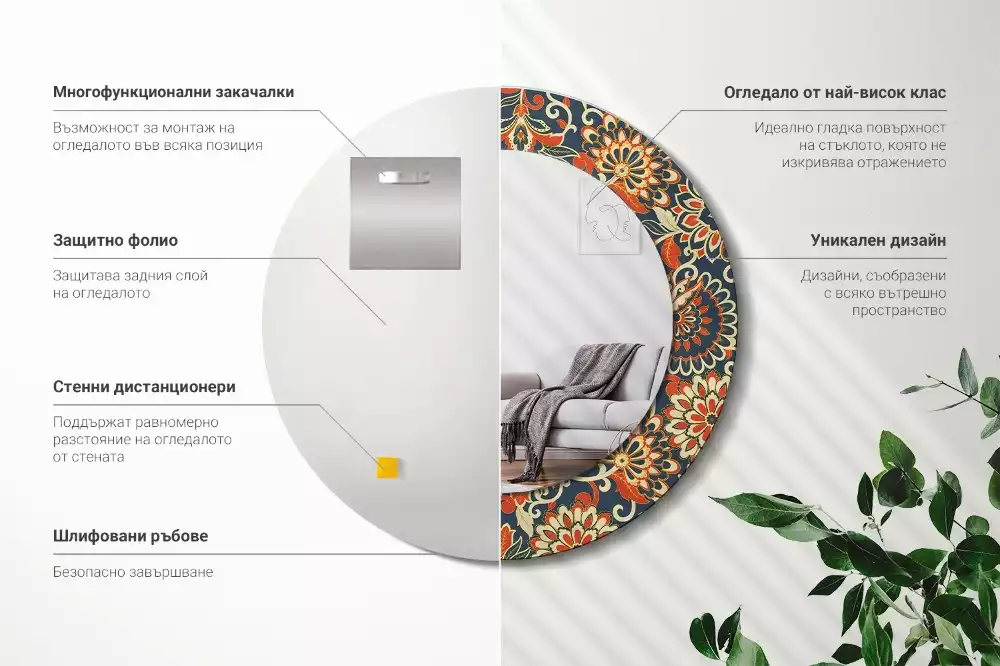 Ronde spiegel met bedrukte lijst Retro bloemen