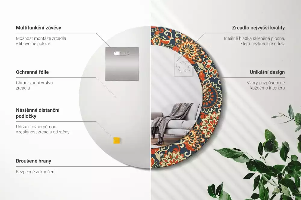 Ronde spiegel met bedrukte lijst Retro bloemen