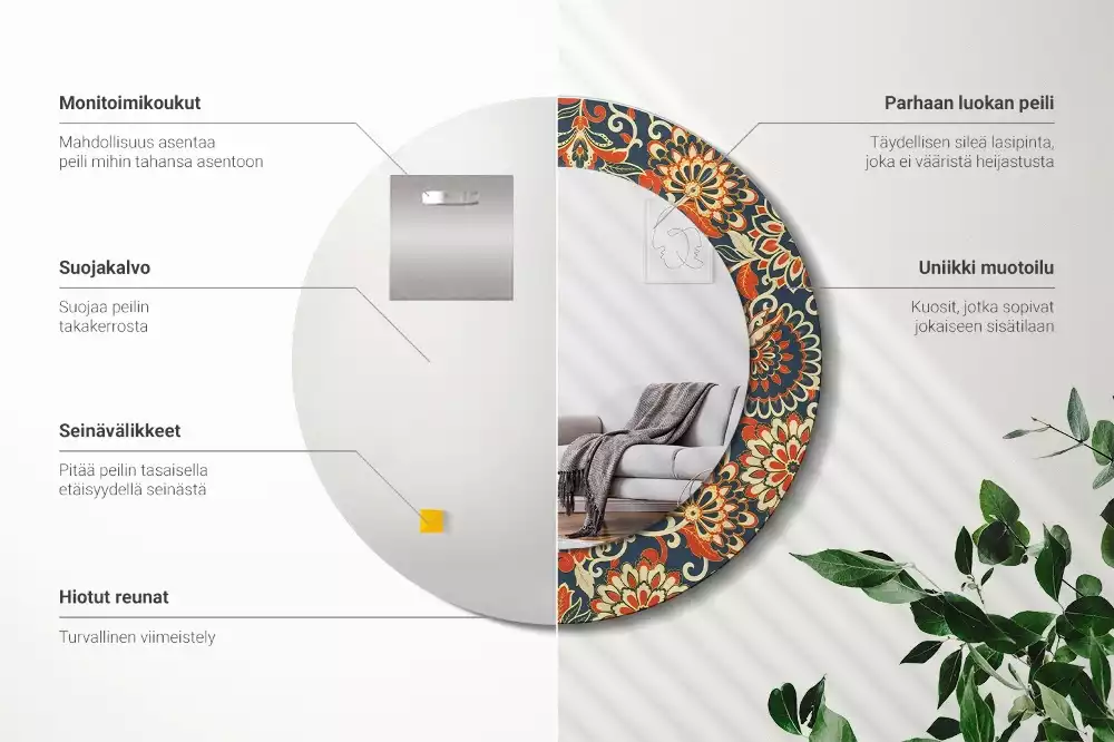 Ronde spiegel met bedrukte lijst Retro bloemen