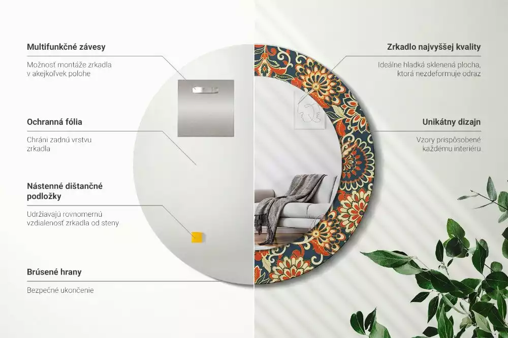 Ronde spiegel met bedrukte lijst Retro bloemen