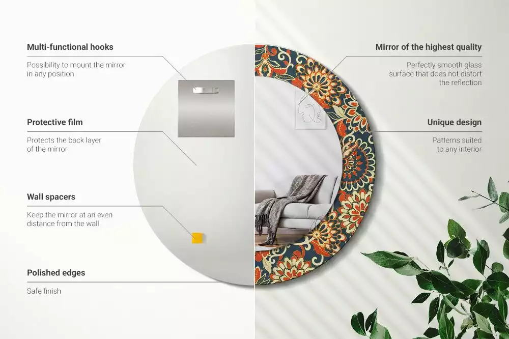 Ronde spiegel met bedrukte lijst Retro bloemen