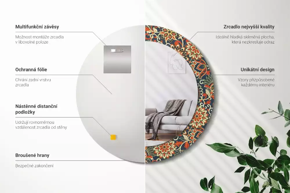 Ronde spiegel met bedrukte lijst Retro bloemen