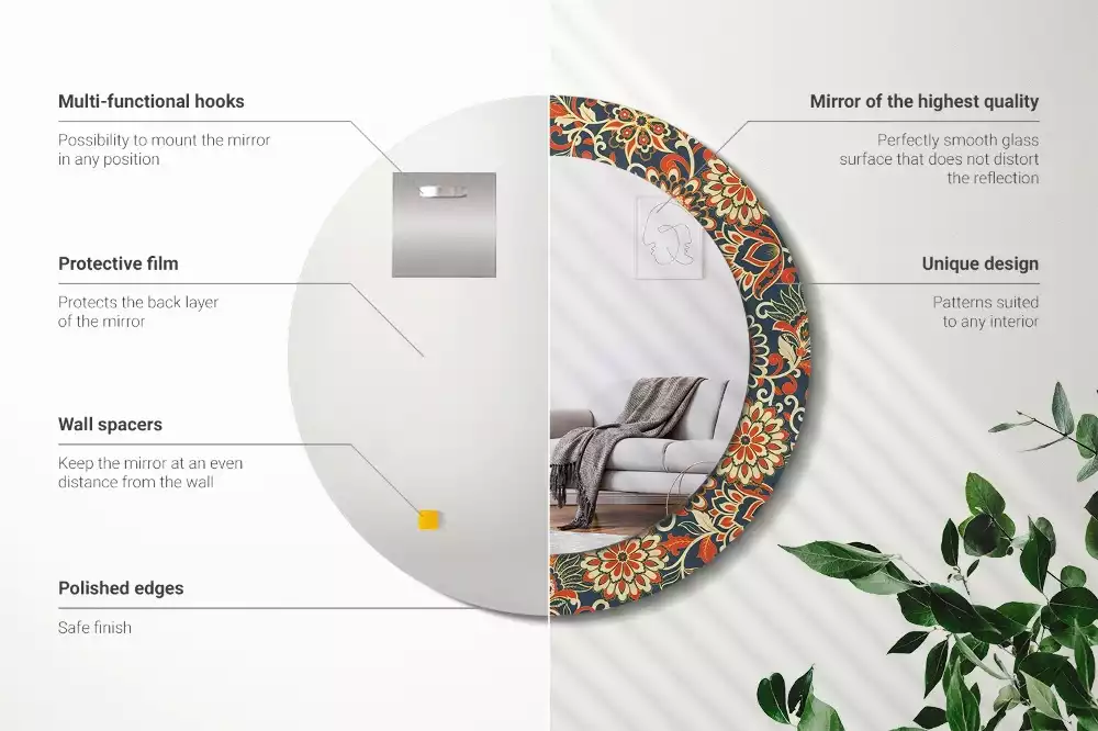 Ronde spiegel met bedrukte lijst Retro bloemen