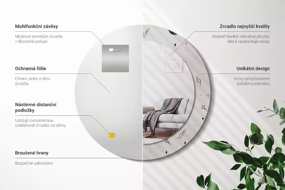 Bedrukte ronde spiegel Doodle planten