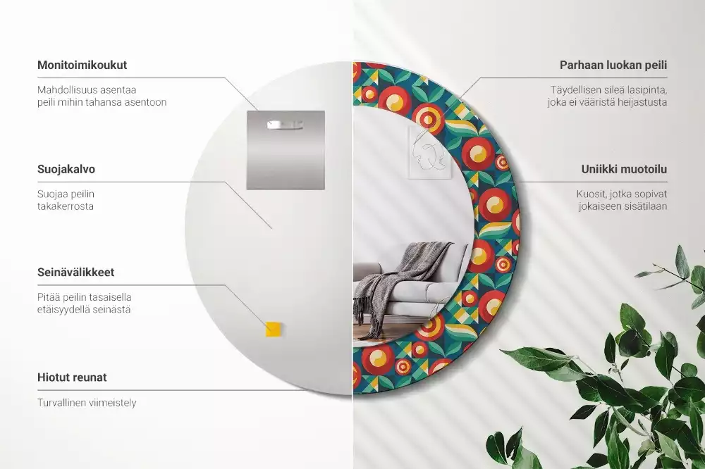 Ronde spiegel met bedrukte lijst Geometrische vruchten en bladeren